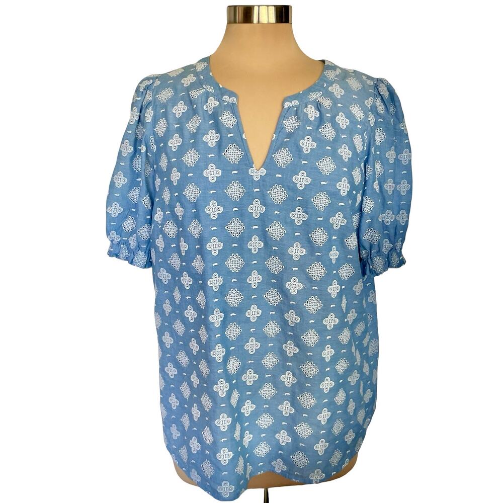Talbots Blue White Geometric Eyelet Puff Sleeve Top Size L Preppy Coastal Casual